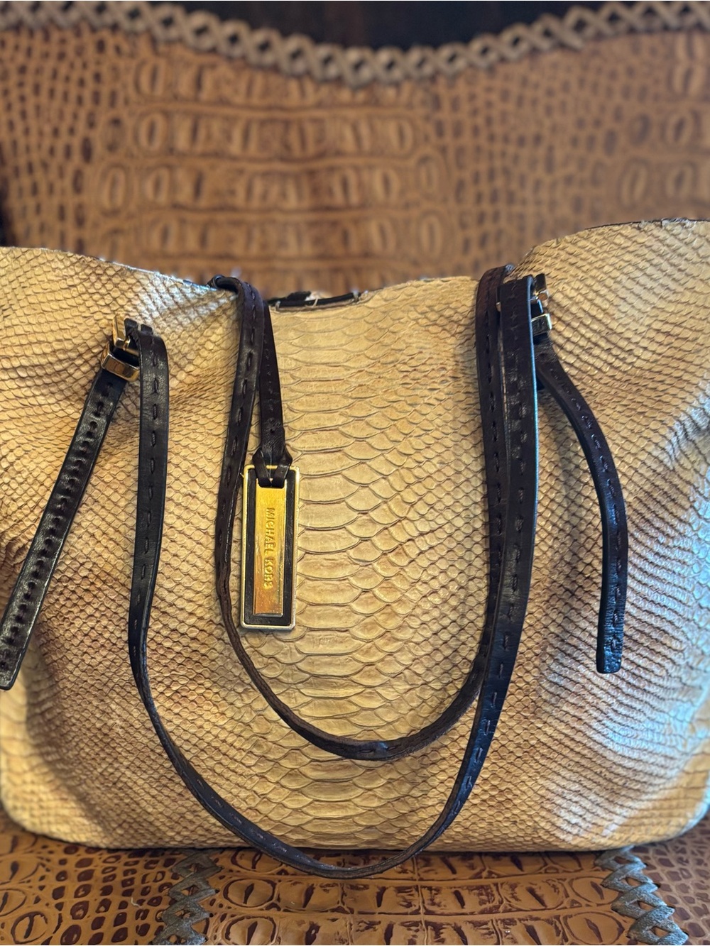 Michael Kors Collection Beige Snake-Embossed Shoulder Bag with Dark Brown Trim